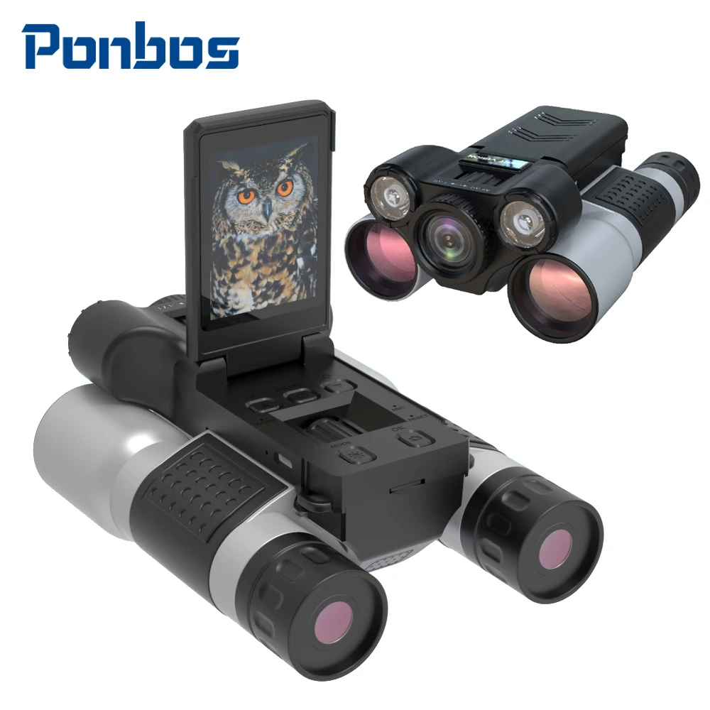 Ponbos 1080p hd binóculos telescópio câmera 12x ampliação 8x zoom