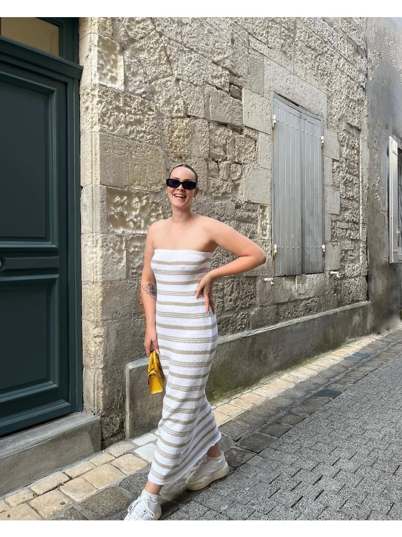 Backless Contrast For Women Dress Slim Holiday Beach Striped High Waist Off-Shoulder Maxi Dress Skinny Casual Long Dress