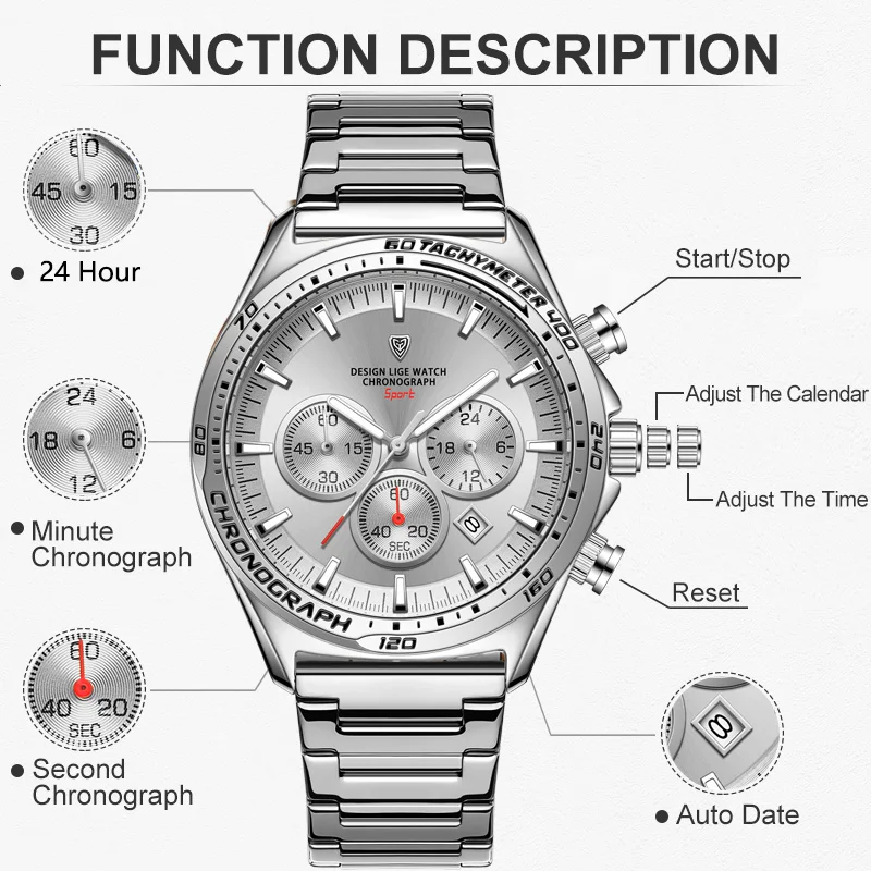 LIGE Luxury Man Wristwatch Waterproof Luminous Chronograph Watch for Men Stainless Steel Men's Quartz Watches Reloj Hombre+Box 5