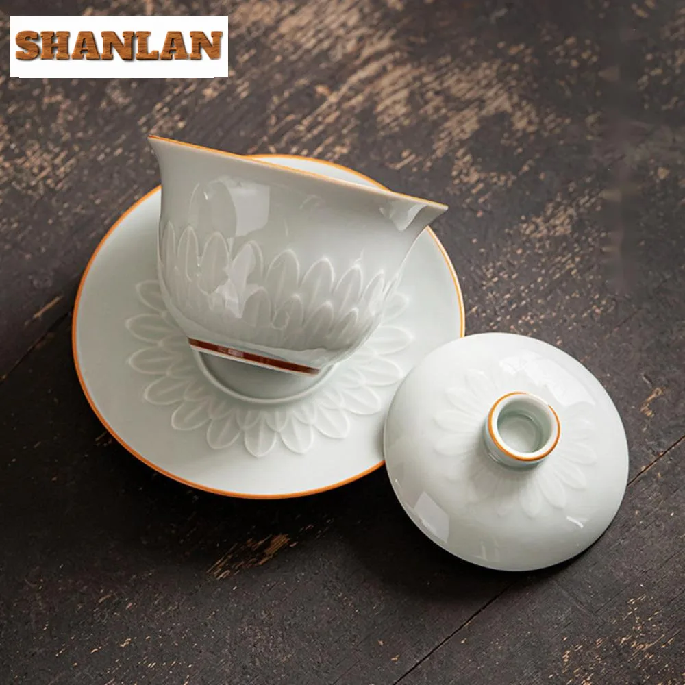 115ml Handmade Relief Lotus Petal Gaiwan Zen Anti Scald Three Talent Tea Tureen Tea Brewing Cover Bowl Ceremony Collection