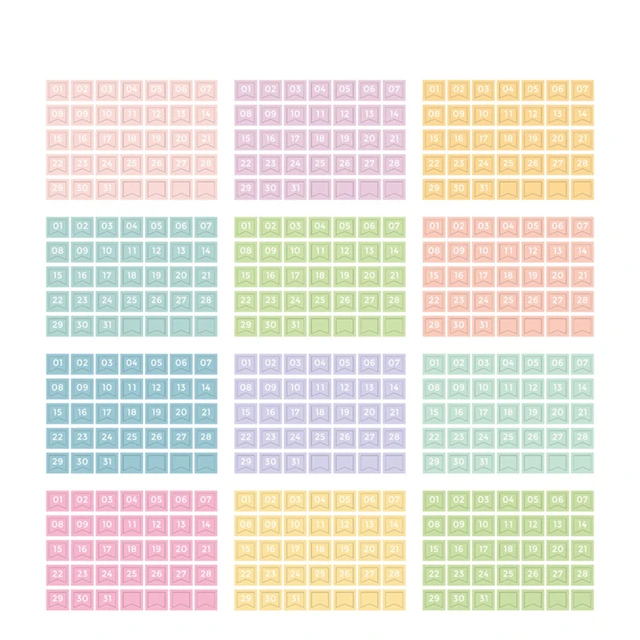 12sheets Round Number Date Label Sticker Year Planner Colorful 365 Daily Days Stickers Stationery Agenda Diary Journal Stickers D-12 sheets