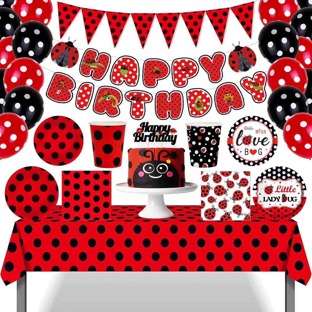 Rot-Schwarze Polka-Dot Partyartikel Marienkäfer-Thema Tischgeschirr Teller Becher Servietten Ballon Kinder Mädchen Geburtstagsdekoration Babyparty