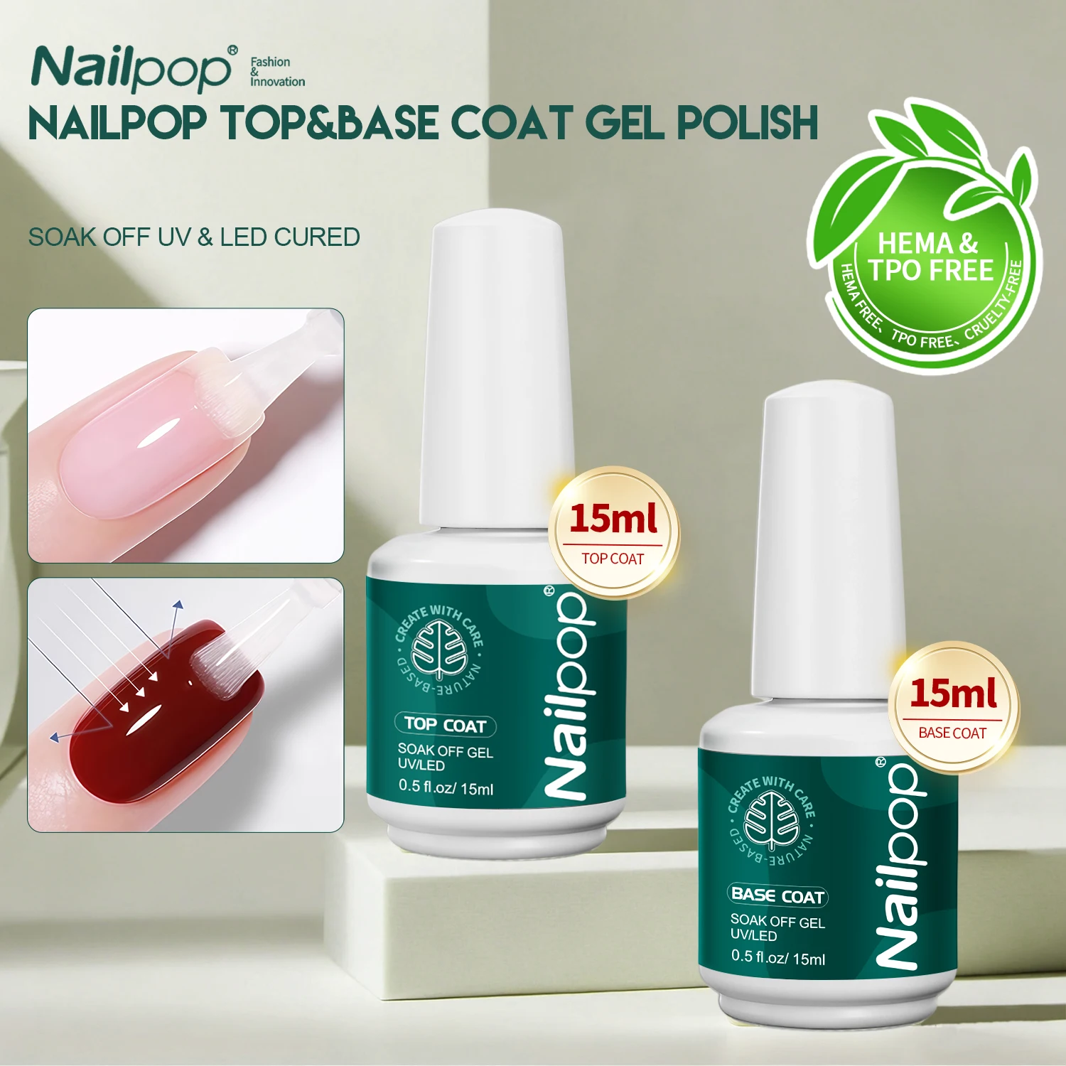Nailpop HEMA/TPO Free Gel Polish Kit - 2-Piece Long-Lasting Top and Base Coat Set, 15ml Each