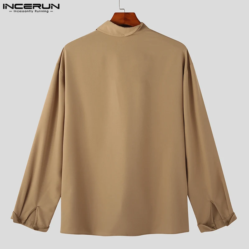 Long Sleeve Shirt Men Casual Shirt Men's Irregular Shirt Solid Color Stand Collar Loose Long Sleeve Casual Men Clothing Streetwear Fashion Male Shirts
