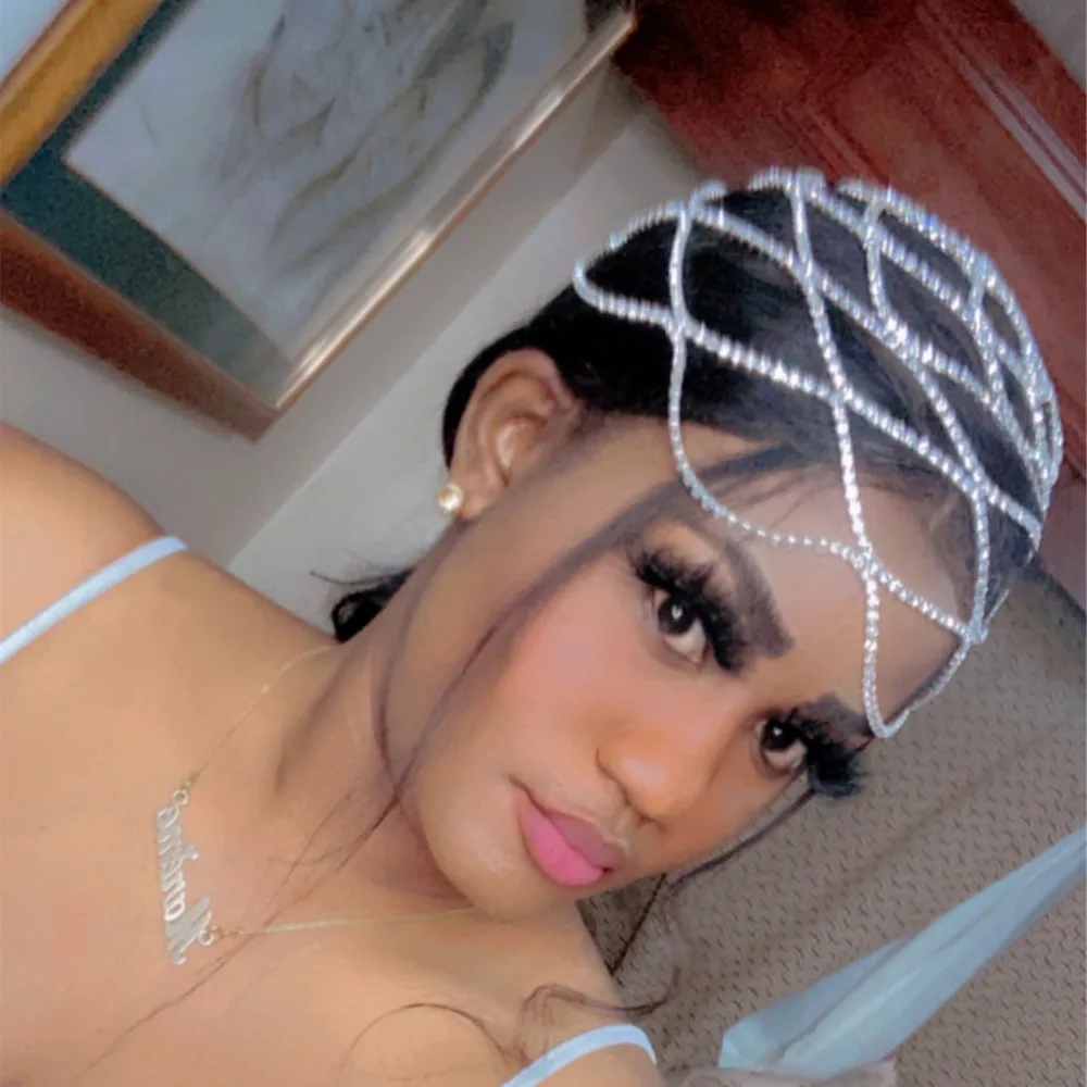 Shiny Rhinestone Multi-layers Cover Head Cap Hat Head Chain Wedding Jewelry for Women Crystal Mesh Headband Headpiece Headwear