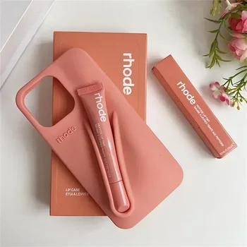 With Box Lipstick Rhode Phone Case for iPhone 16 15 14 13 12 11 Pro Max Plus 16E Makeup Lip Gloss Holder Silicone Back Cover 8