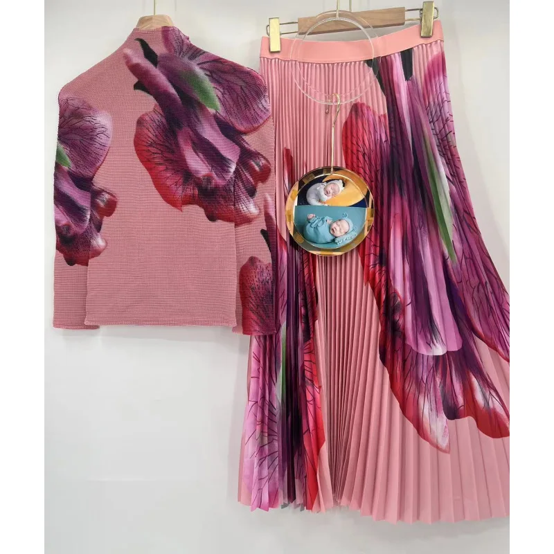 Miyake Style Pleated 2 Piece Set  Autumn New Printed Corn Pleated Loose T-shirt Fashion High Waist Pleated Skirt Suit for Women
