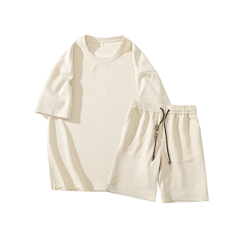 

Large Size Men Summer Suit Floating High Weave Male Short-sleeved T-shirt Five-point Shorts Suit Men Summer Basketball Two-piece