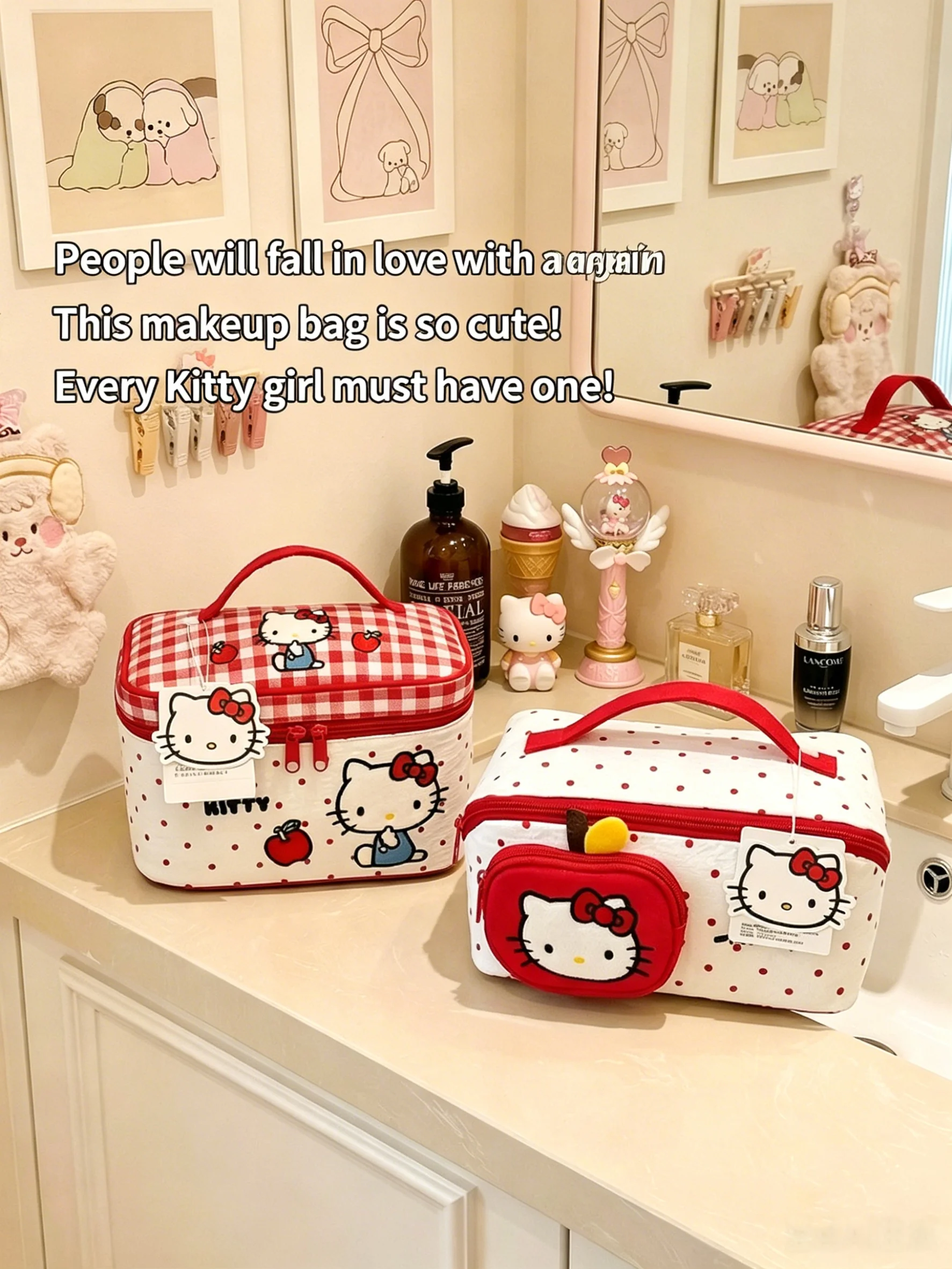 Bolsa de Cosméticos Hello Kitty de Gran Capacidad, Organizador de Maquillaje de Viaje con Asa