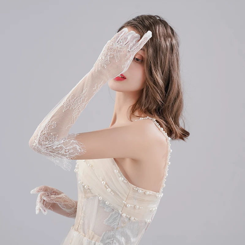 

High Quality Wedding Gloves White Long Lace Hollow Tulle All Finger Women's Dress Party Accessories