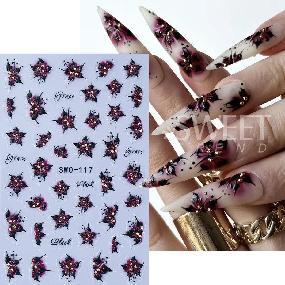 2pcs Hibiscus Flower Nail Art Sticker 3D Floral Textured Decal Y2K Gradient Petal DIY Romantic Self-Adhesive Manicure Decoration