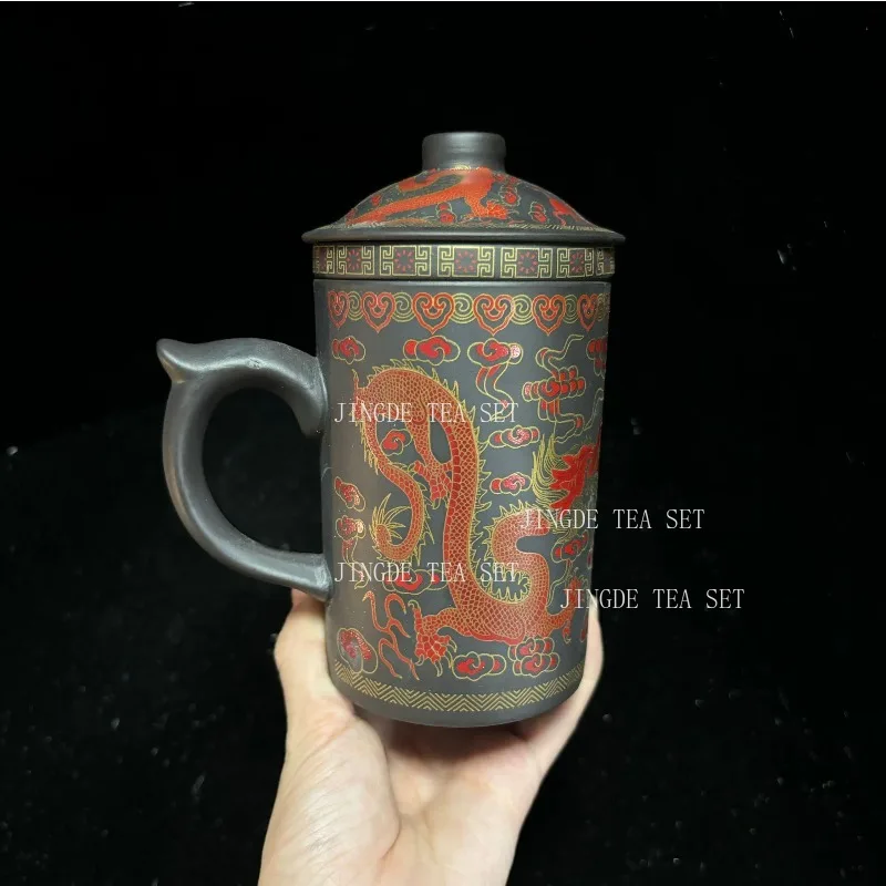 Authentic Purple Clay Teapot Dragon Pattern Tea Cup Large Filter Tea Maker Pu'er Teacup with Handle Master Cup Home Tea Set