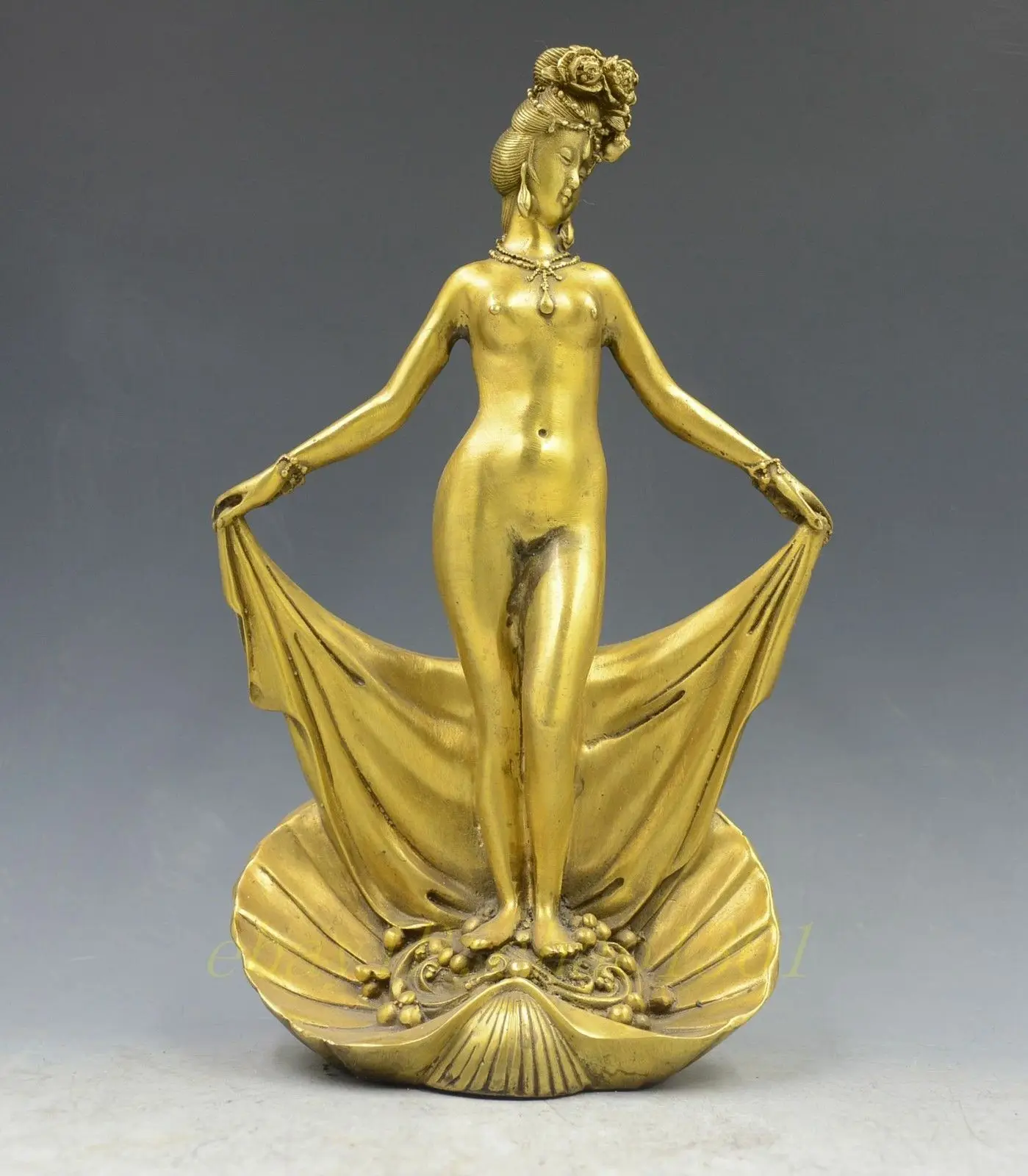 

Chinese Bronze Copper Nude dancing girl Beauty Goddess Belle Statue On Shell