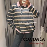 KONDALA Fashion Vintage 2026 Spring Striped Polo Women Knit Shirt Casual Loose Buttons Long Sleeve Streetwear Female Chic Tops - Image 4