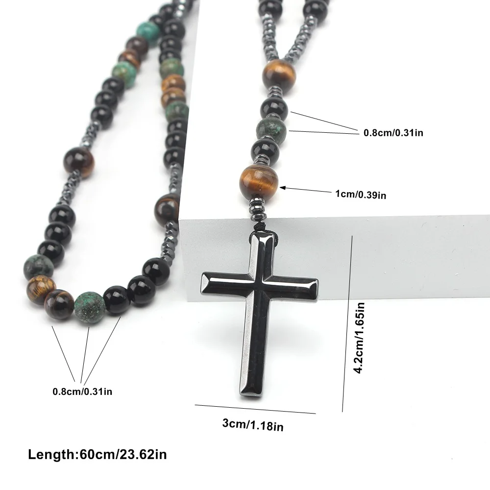 Natural Stone Africa Turquoise and Tiger-eye Beads Cross Pendant Necklace Rosary Men Women