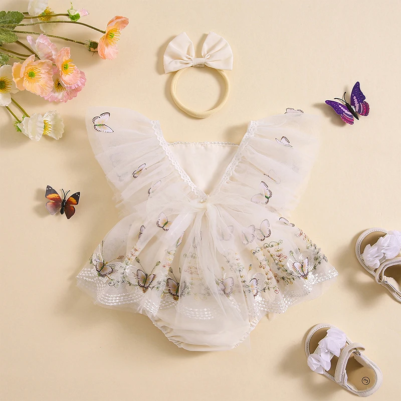 

Baby Girls Rompers Dress Lace Trim Butterfly Pattern Embroidered Fly Sleeve Tulle Skirt Hem Bodysuits Clothes with Headband