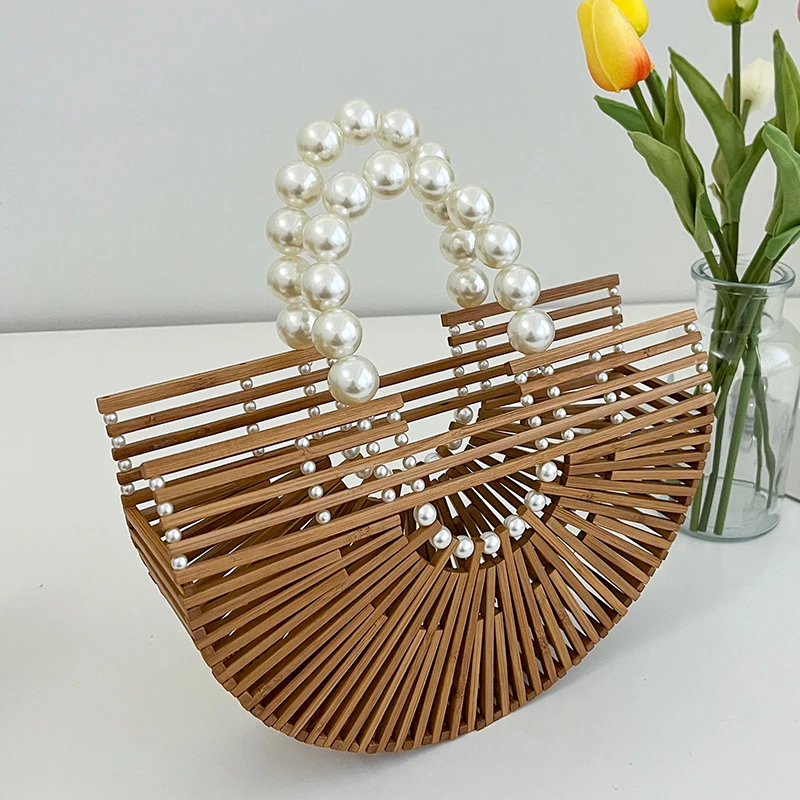 Women'S Bag Fashion Shoulder Bags Beach High Quality Handmade Pearl Hollow Bamboo Weaving Handbags Versatile High-Capacity Party