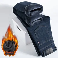 Winter Fleece Thick Warm Jeans Men's Slim Straight Elastic Denim Pants Casual Male Clothing Fashion Plush Trousers