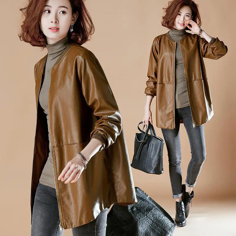

Mid length splicing leather jacket women's autumn and winter new Korean loose casual windbreaker