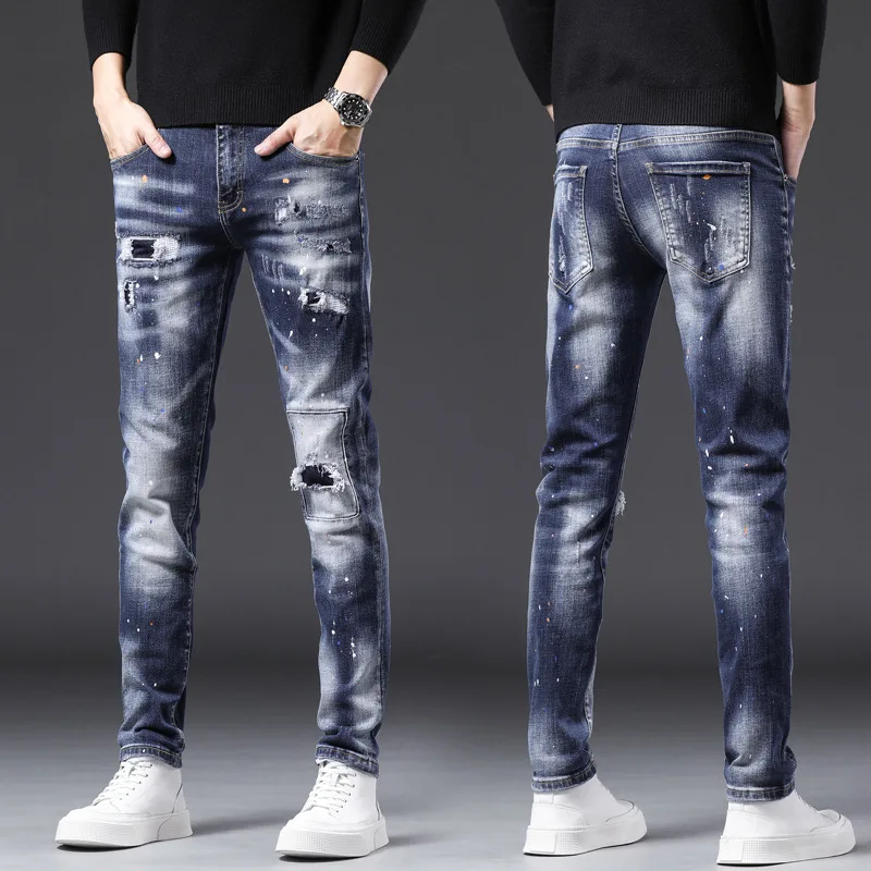 

Men Straight Hole Jeans Hip Hop Street Hip Hop Slim-fit Ripped Fashion Washed Four Seasons Casual Chic Long Denim Trousers