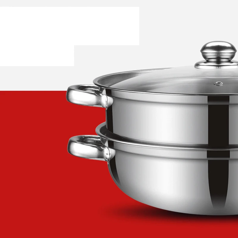 28CM Thick Double Soup Steamer Multi-purpose Pot Troops Hot Pot Stainless Steel Steamer Double Handle Household Outdoor Portable