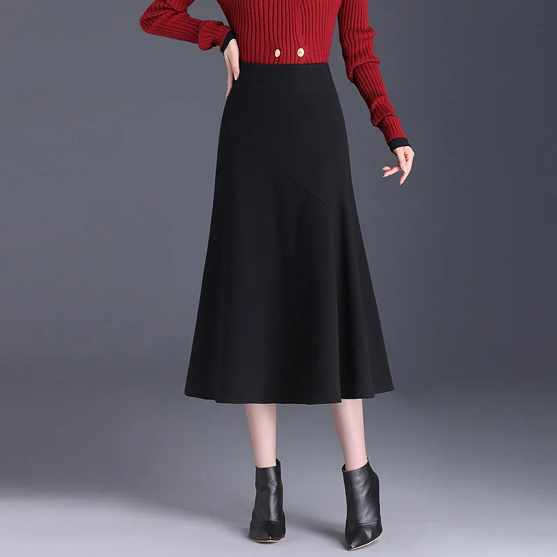 

#1747 Black Red Brown Mermaid Skirt Women Autumn Winter High Waist Woolen Skirt Ladies Split Joint A Line Trumpet Skirt Elegant