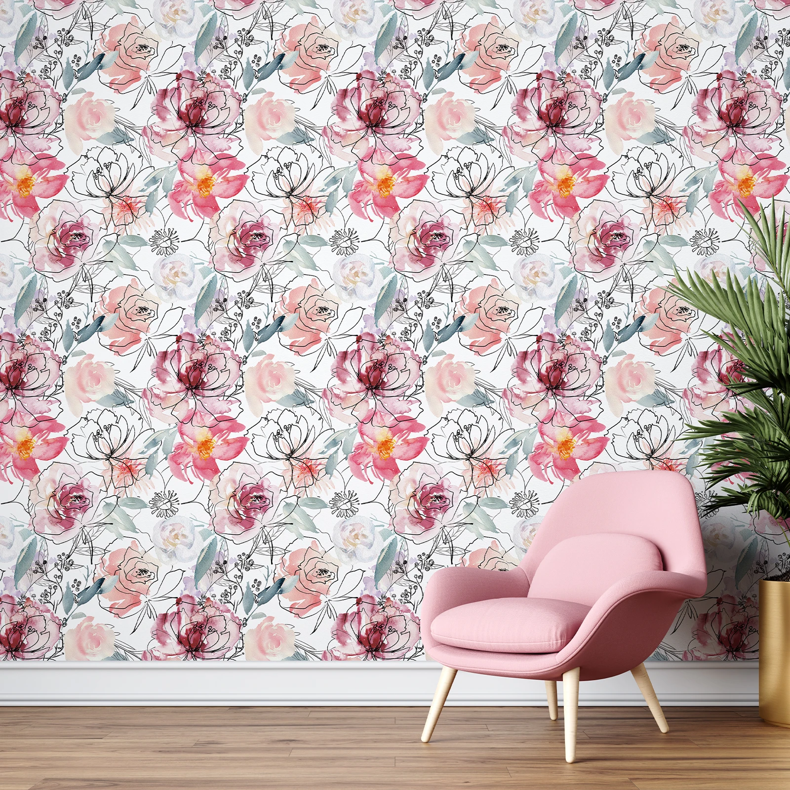 Watercolor Pink Floral Line Wallpaper Self-adhesive Furniture PVC Cabinet Sticker Peel And Stick Flower Kitchen Bathroom Decor