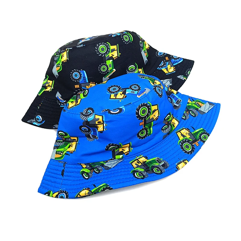 Outdoor Sun Hat Bocca Children Cartoon Bucket Hat Pattern Fisherman Hats Bulldozer Toy Panama Cap Boy Kids 54cm Double Sides Sunscreen