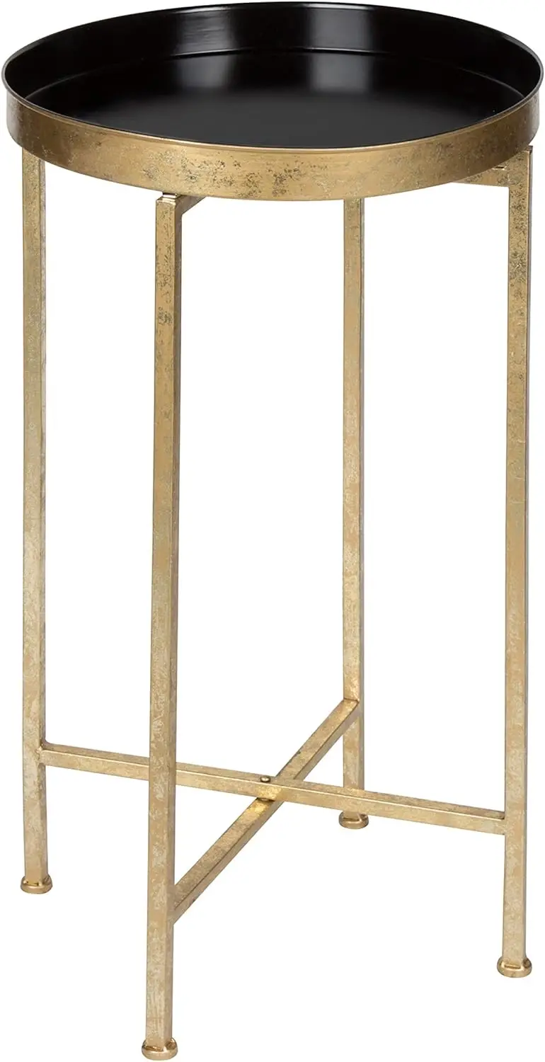 Round Metal Foldable Tray Accent Table, Black with Gold Base