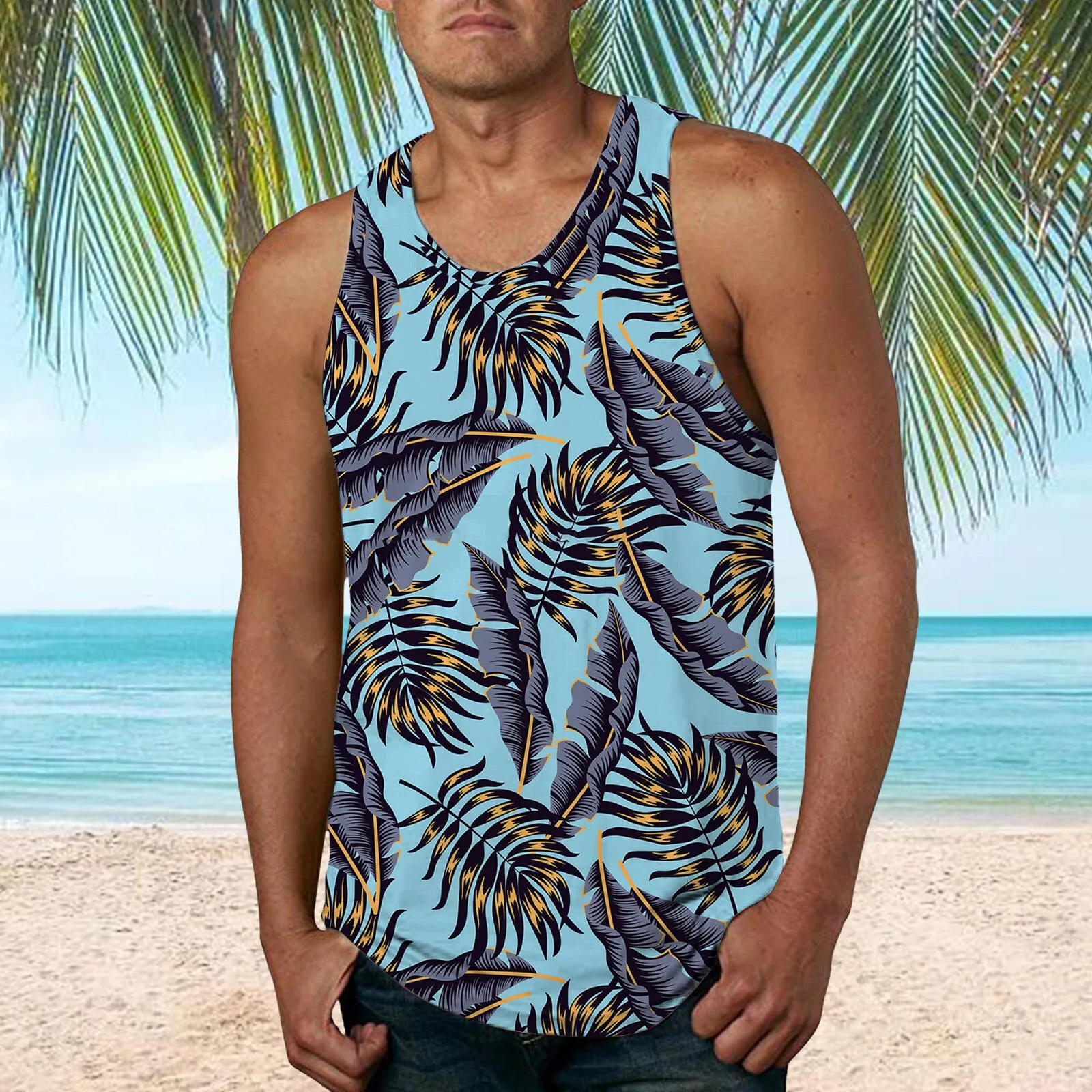 

Male Gym Tank Top Vest Vintage Hawaii Leaves Printed Men Fitness Clothing Bodybuilding Tanks Tops Summer Gym Clothing For Male
