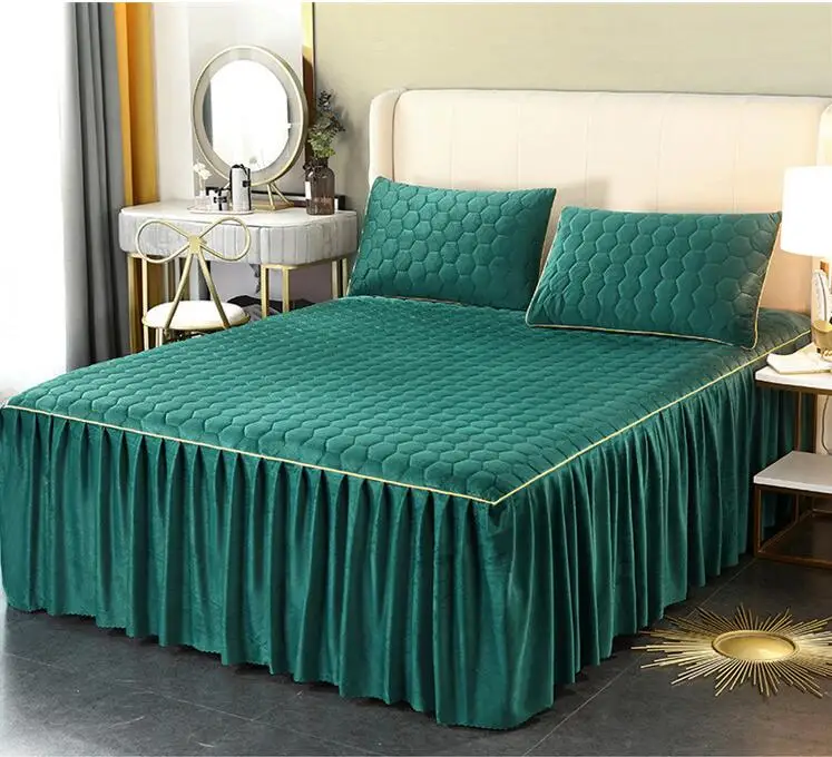 Crystal velvet bed skirt with cotton clip three piece set thickened anti slip bed cover milk velvet warm cover