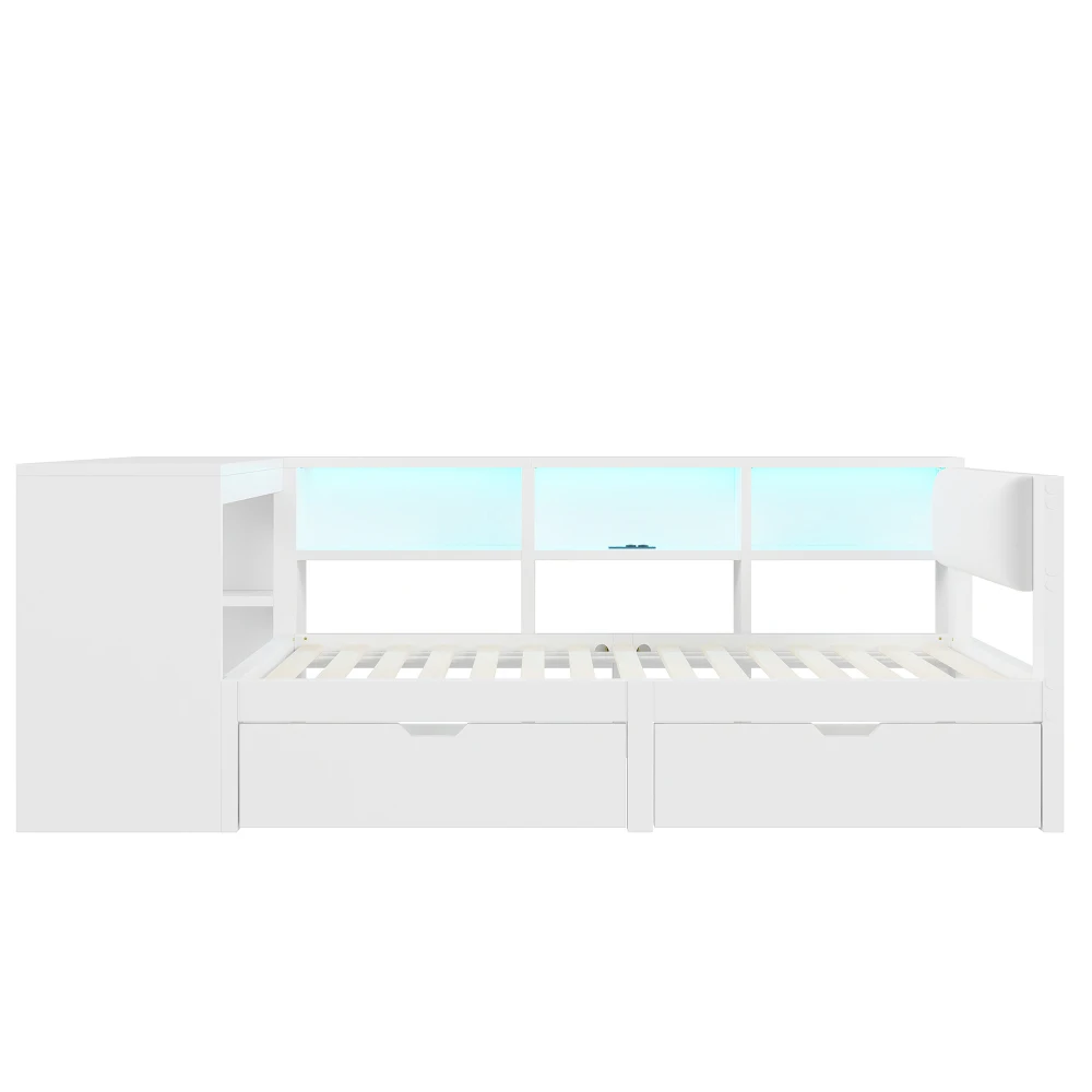 90x200 Plattformbett aus Holz mit Stauraumbereichen, Schubladen, Ladestation und gepolstertem Kopf, mit bunten LED-Leuchten, Weiß – Detail 10