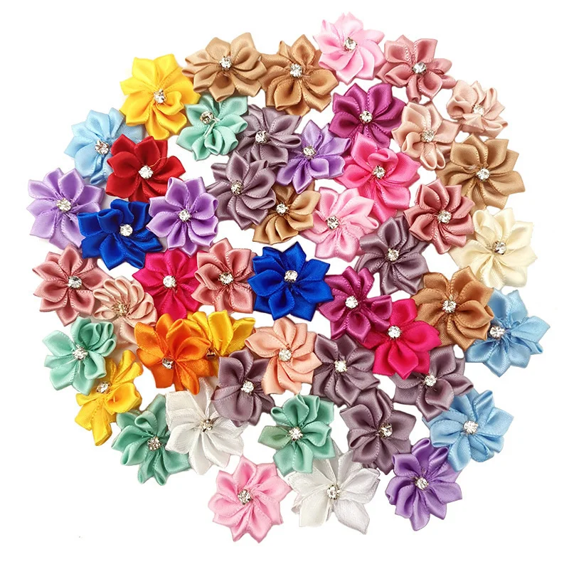 Description Picture 5 of item(50pcs/pack) 25mm Inlaid Rhinestones Small Handmade DIY Satin Ribbon Flowers Head Decorate Clothes To Make Wedding Invitations