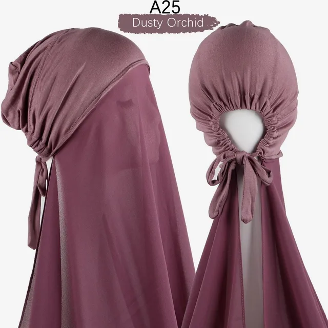 Muslim Women Chiffon Hijab With Cap Bonnet instant Chiffon Hijab Pinles Shawl Head Scarf Under scarf Caps Cover Headwrap A25