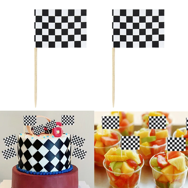 

100pcs Racing Flag Fruit Sticks Racing Theme Black White Checkered Flag Cake Topper Boys' favorite Birthday Party Decor Supply