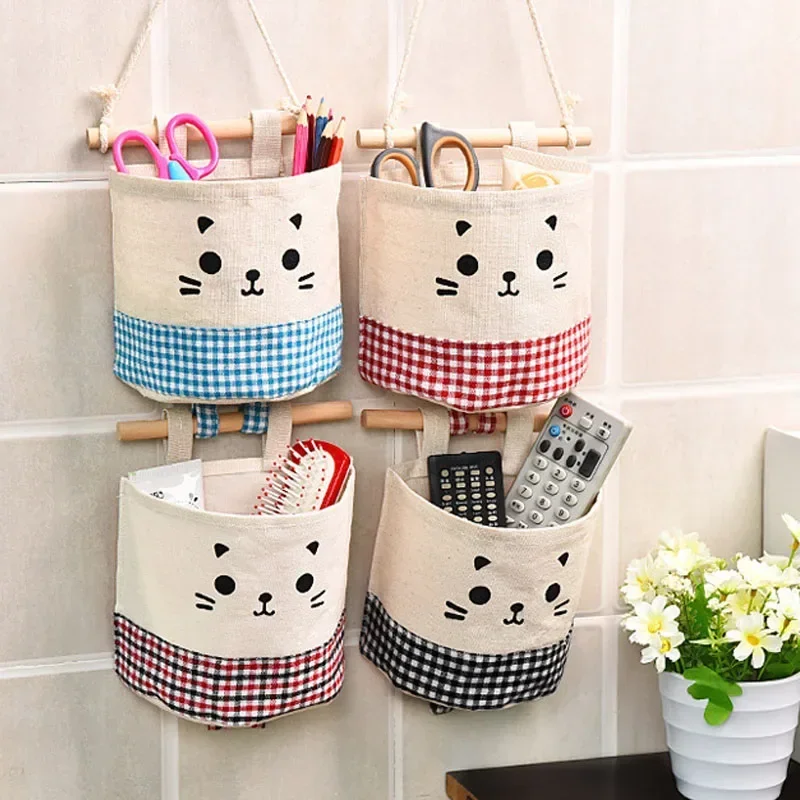 Wall Hanging Storage Bags Cartoon Cat Organizer Pocket Wardrobe Hanging Bag For Cosmetics Containers Cotton Door Wall Closet