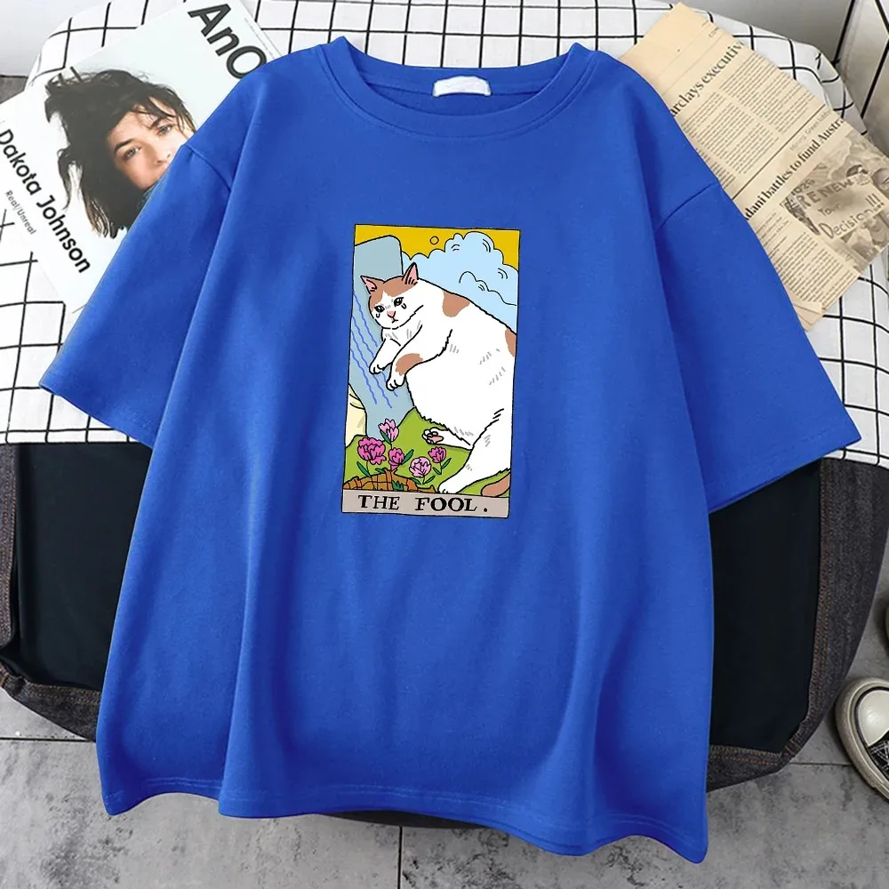 The Fool Sad Cat Meme 프린트 남성용 티셔츠, 빈티지 개성, 스트리트 탑, 올 수학 오버사이즈, 반팔, 코튼 티셔츠