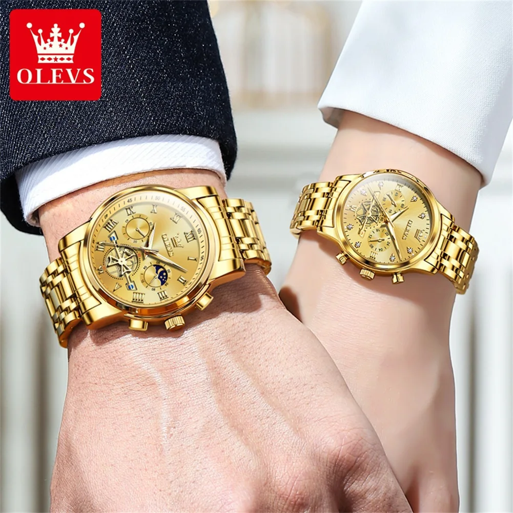 OLEVS Brand Luxury Gold Quartz Watch Lovers Stainless Steel Waterproof Luminous Fashion Chronograph Couple Watch Men and Women