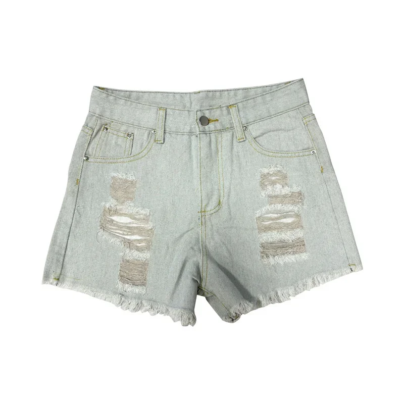 Women Light Blue Vintage Denim Shorts 2024 Fashion Broken Holes Streetwear Summer Casual Tassel Trouser Legs Three Quarter Pants