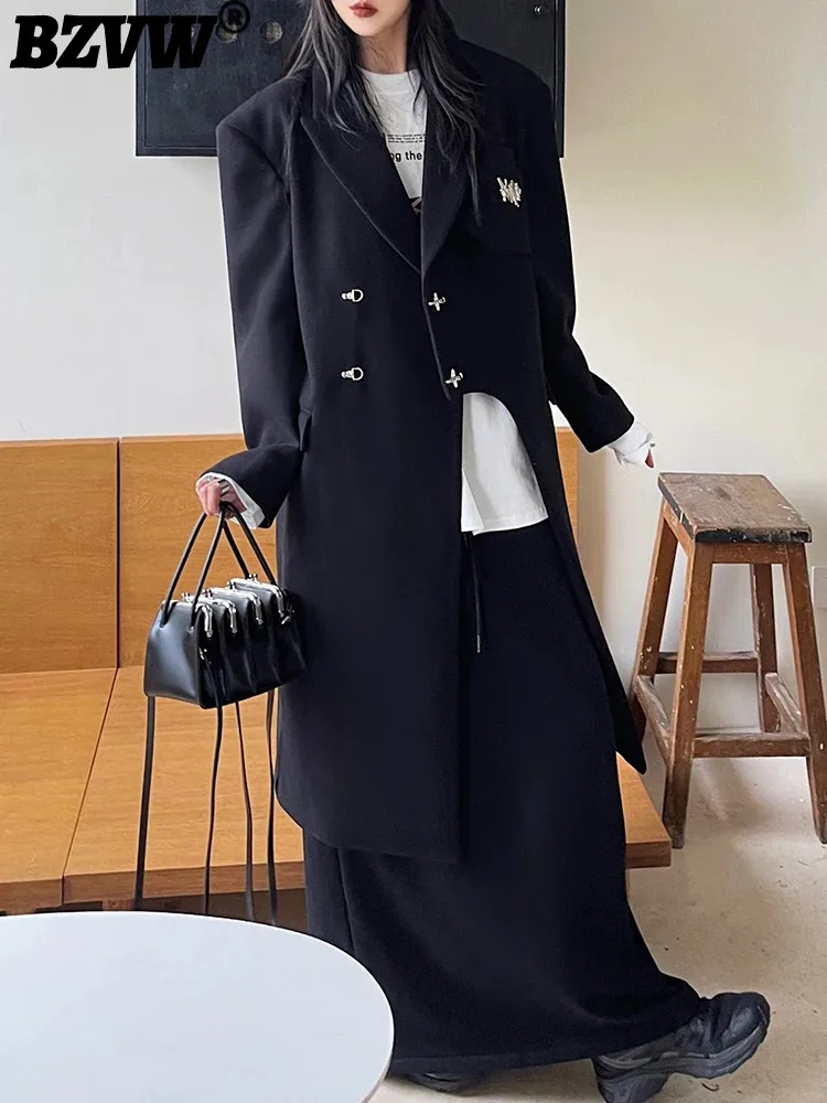 

BZVW Black High-end Woolen Overcoat Women 2023 Autumn Winter New Fashion Irregular Cut Metal Buckle Silhouette Mid Length Coat