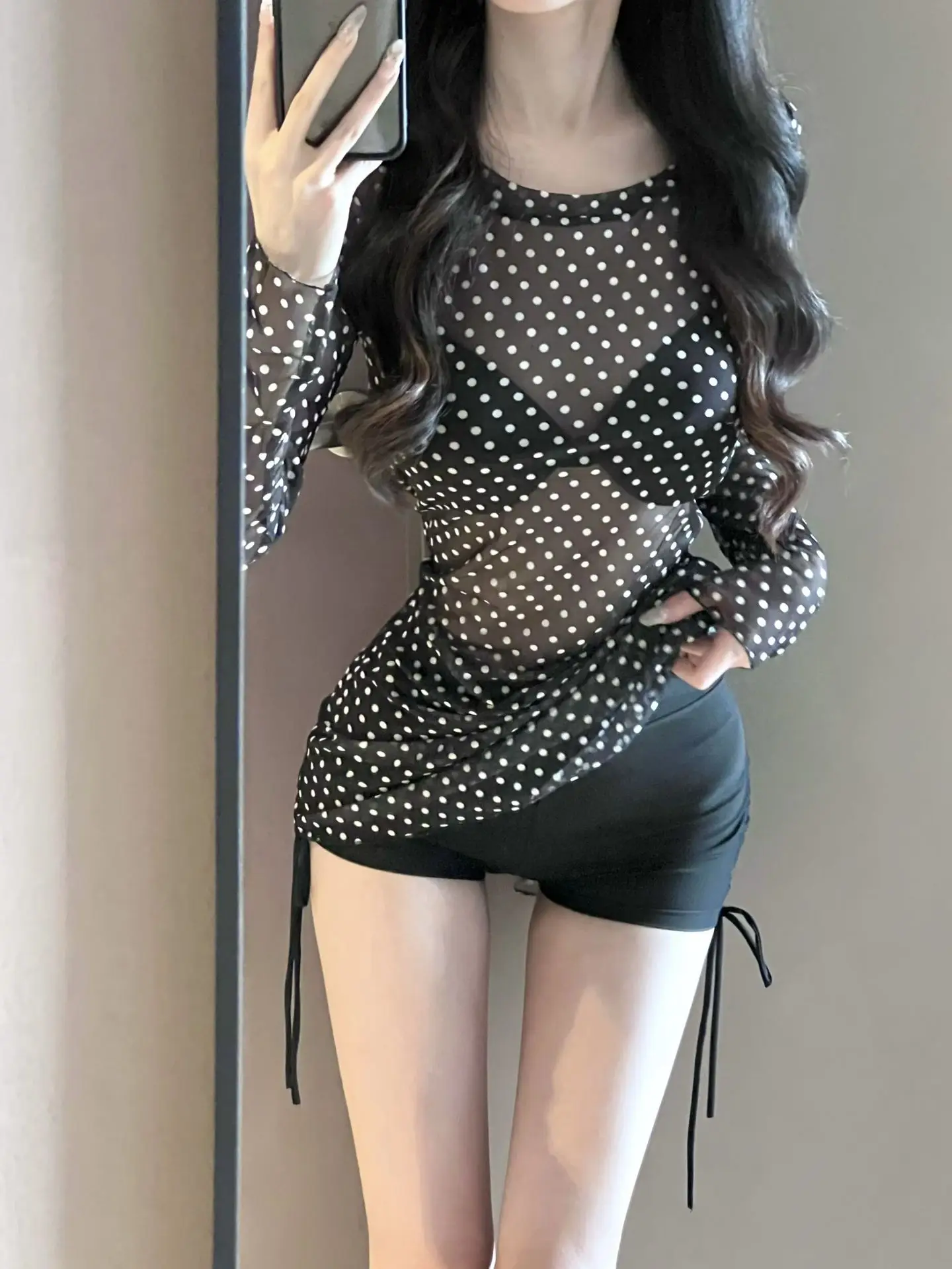 3PC Black Polka Dot Bikini Set Long Sleeve Cover Up Beach Vacation Sensation Swimsuit for lady Women