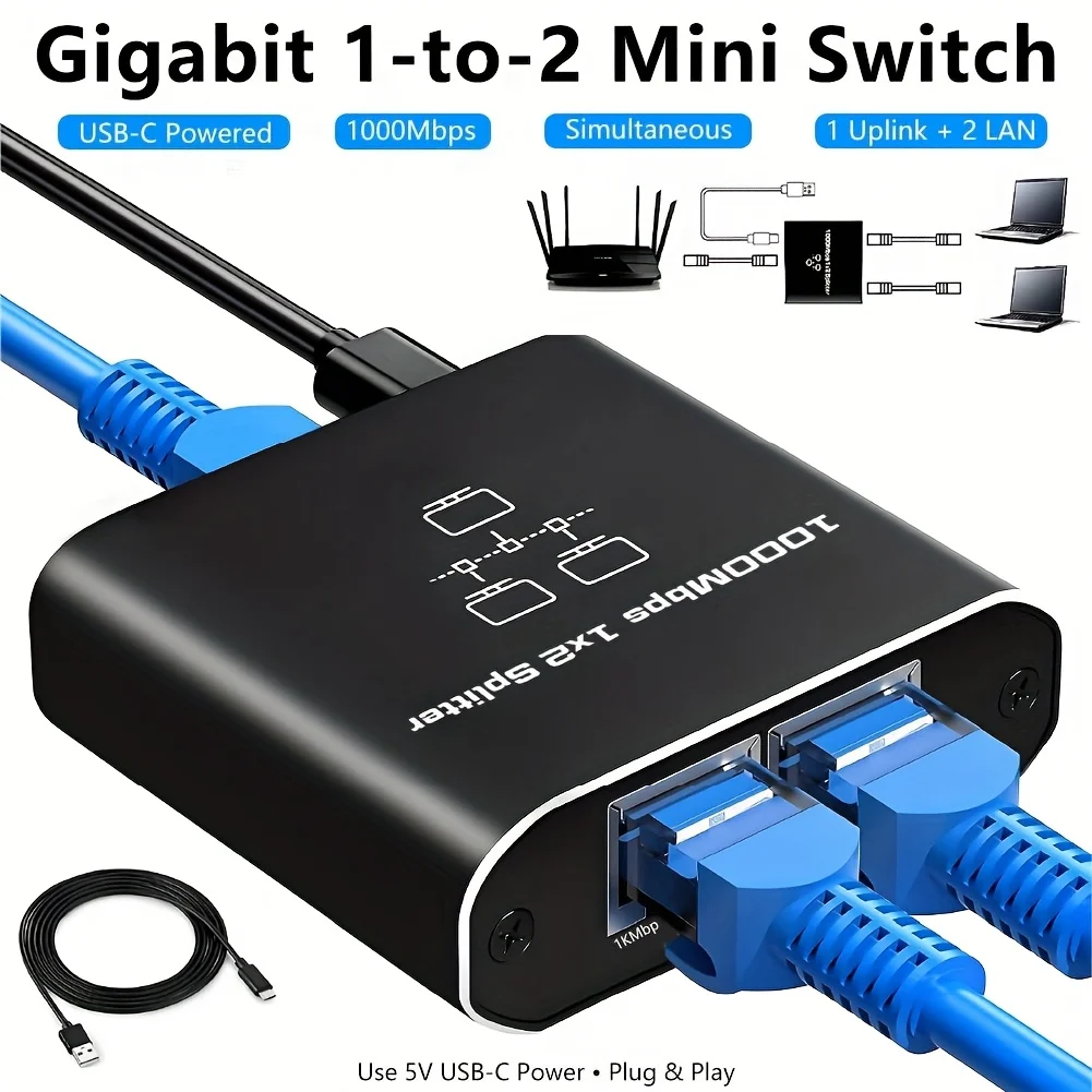 Divisor Ethernet Gigabit de 1 a 2 puertos, adaptador de red LAN RJ45, concentrador de internet de 1000Mbps