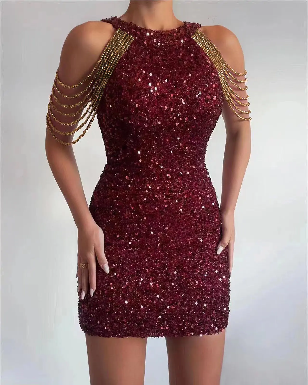 

Women Sexy Mini Evening Dress 2023 New in Fashion Pink Sequined Luxury Sleeveless Prom Gown Elegant Crystal Tassel Party Dresses