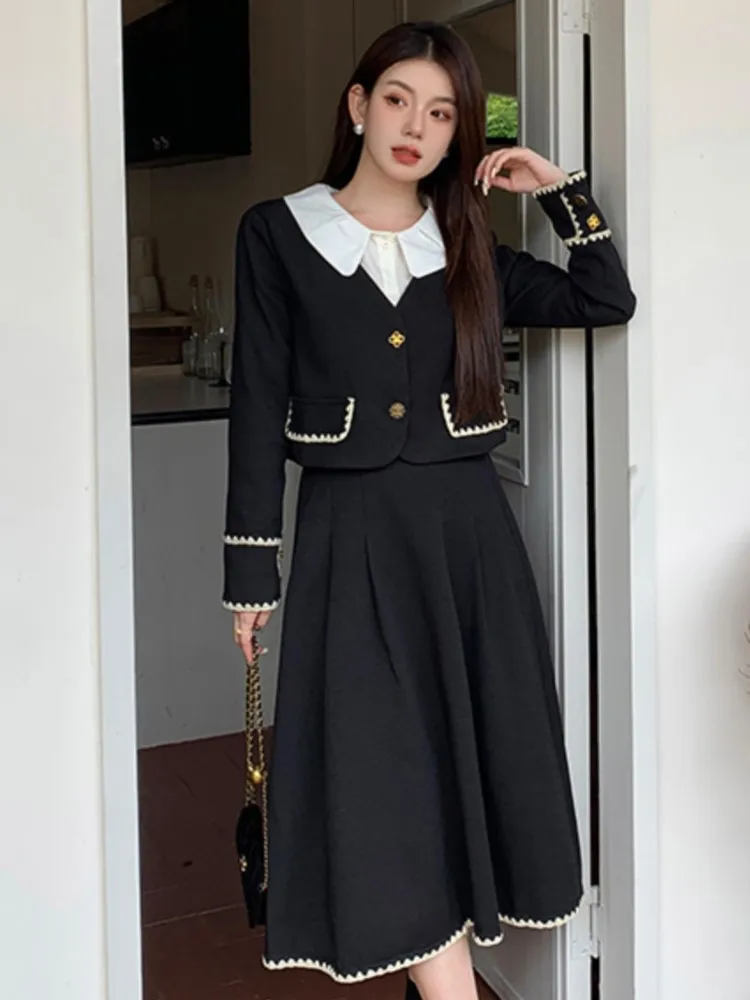 

2023 Autumn Women Patchwork 2 Pieces Set French Elegant Peter Pan Collar Top High Waist Black Skrit Lady Fashion New Skirt Suits