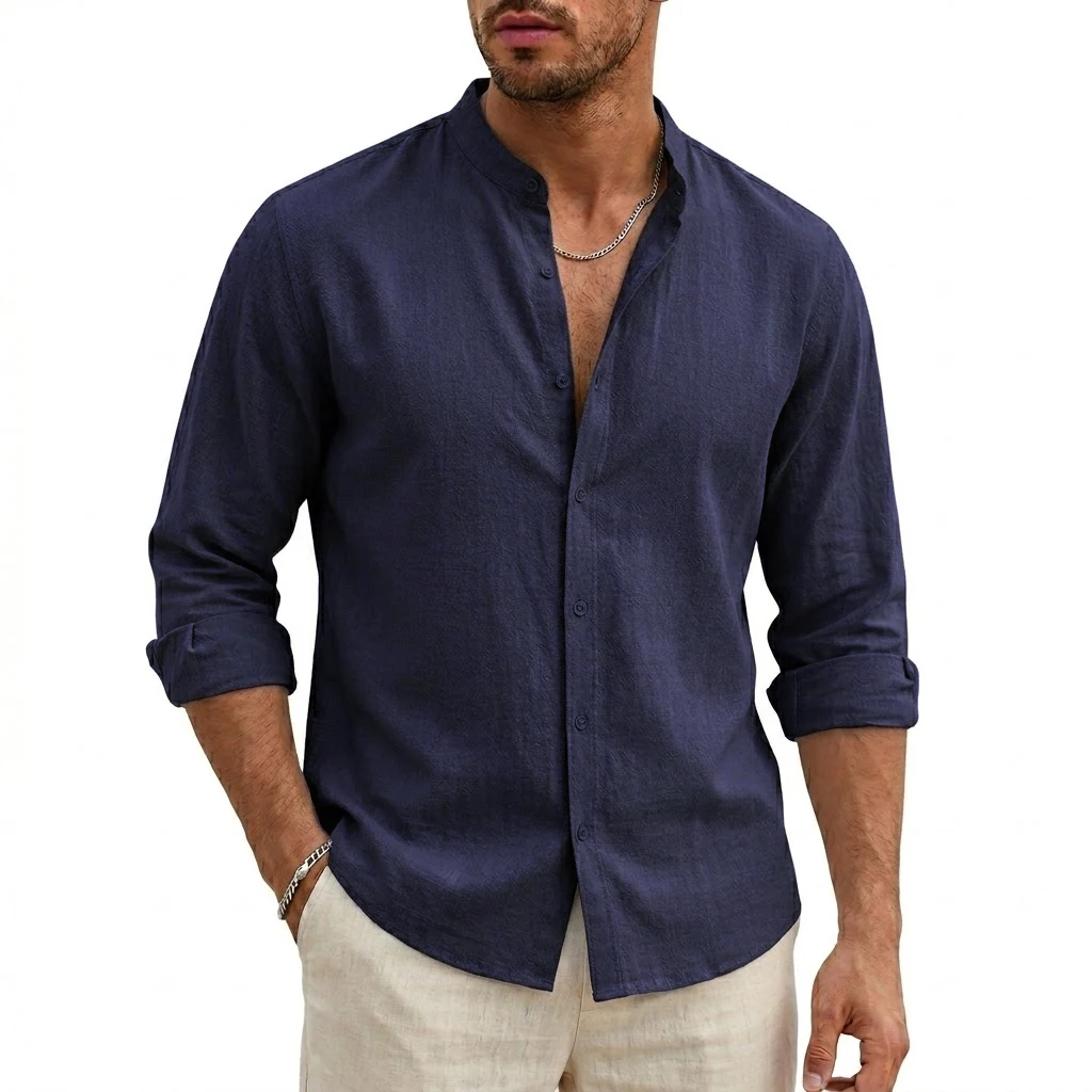 Men's Linen Beach Shirt Premium Lightweight Long-Sleeve Cotton Button-Down 4