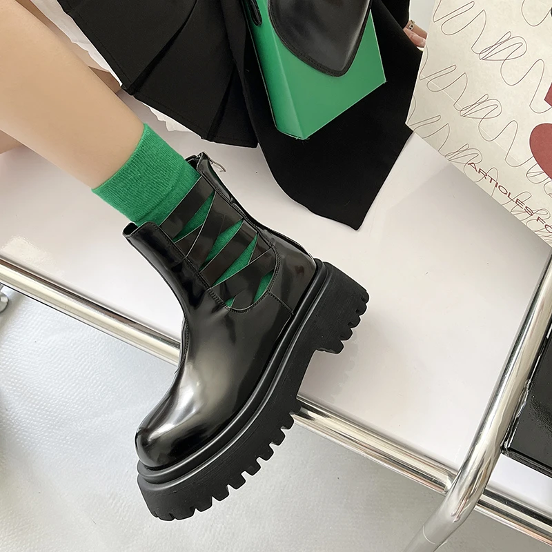 Design Platform Boots Sqaure Toe Chelsea Boots Slip on Leather Ankle Boots Casual Chunky Shoes Platform Boots Shoes for Women