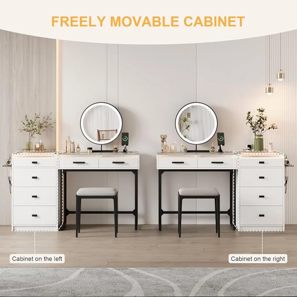 Vanity Desk w/ Mirror & Lights, 49" Modern Makeup Vanity w/ Charging Station,Glass Top Dressing Table, White (Chair not Include) 6