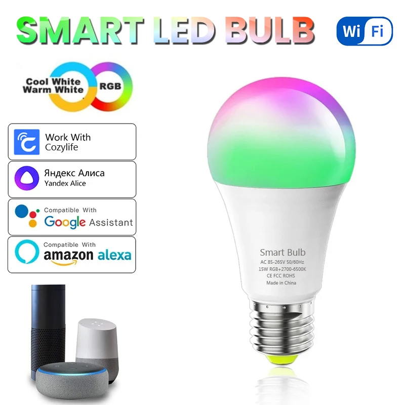 Lampadina intelligente WiFi da 15 W Lampada LED RGB E27 Funziona con Alexa Google Home Alice Controllo vocale RGB + CW + WW Funzione timer dimmerabile