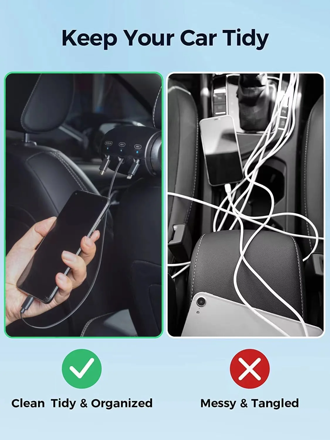 Car Headrest Style Phone All In 1 Retractable Charging Cable Auto 3 in 1 Micro USB Lightning Type-C Power Car Charging Station