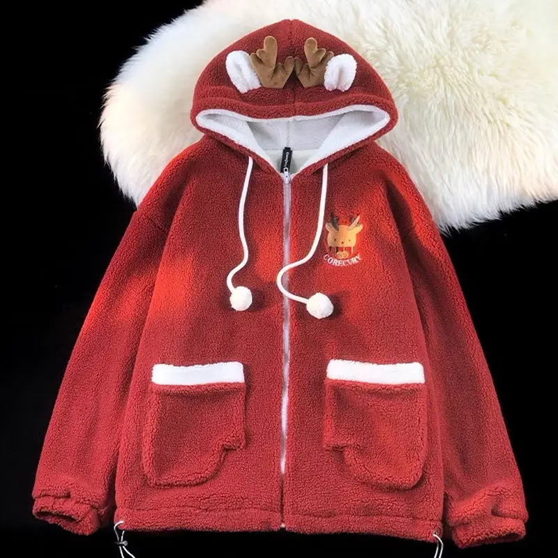 Japanese Oversize Christmas Elk Lamb Fleece Cotton Dress Men's and Women's Winter Hoodie Streetwear Women Kawaii Y2k Clothes